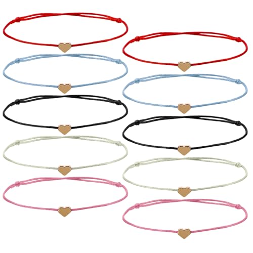 Skrfren 10 pulseras de la amistad con corazón, pulseras de cuerda de corazón, pulsera de filigrana con corazón, tamaño ajustable, pulsera de corazón, pulsera de amistad para mujeres y niñas