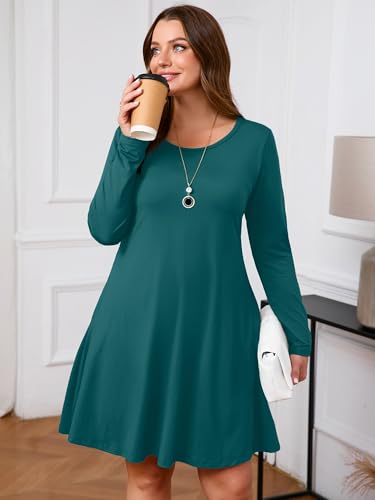 Image of AusLook Women's Plus Midi Dress Long Sleeve Crew Neck A-Line Swing Flowy Vacation Fall Wedding Guest Dresses with Pocket 1-5X