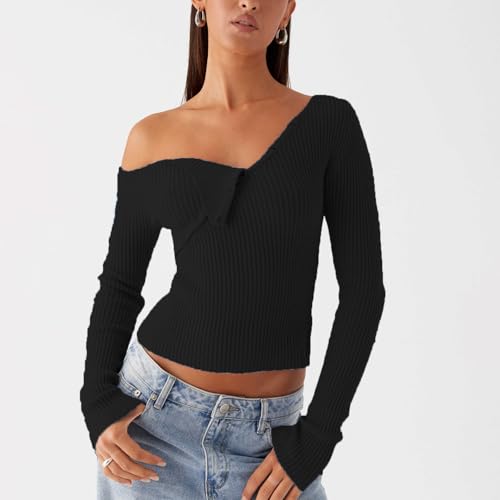 Image of Women Off Shoulder Long Sleeve Sweater Y2K Ribbed Knit Pullover Solid Crop Top Going Out Boat Neck Blouse