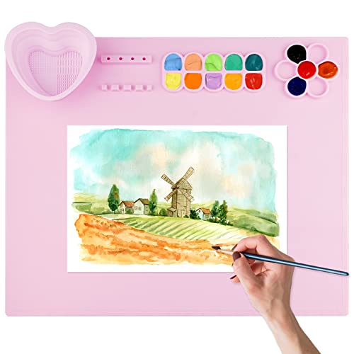 Silicone Art Mat for Crafts Kids: Silicone Painting Mat with Cup and Paint Brush Holder Palette, 20"x16" Craft Mats to Protect Table for Work, Artist, DIY Graffiti, Epoxy Resin Supplies (Pink)