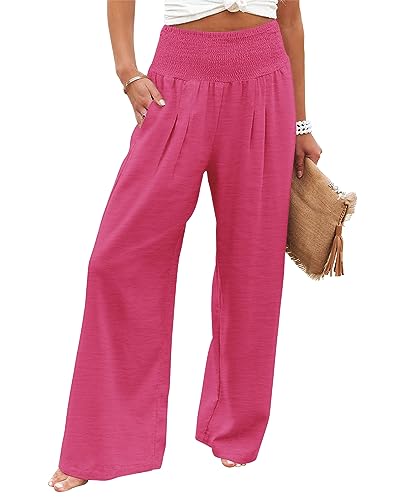 Women's Lounge Pants Casual Loose High Waist Wide Leg Capri Palazzo Pants Solid Color Trousers with Pockets Rose M