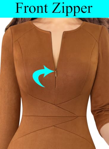 Image of VFSHOW Womens Work Business Office Zipper Up Slim Bodycon Sheath Dress | 3 /4 Sleeve, Crew Neck, Front Zipper, Crisscross Waist, Church Spring Fall Pencil Dress