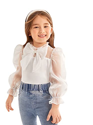 Wdirara Toddler Girl's Mesh Sheer Long Sleeve Bowknot Mock Neck Frill Trim Blouse Top White 7Y #TOP3