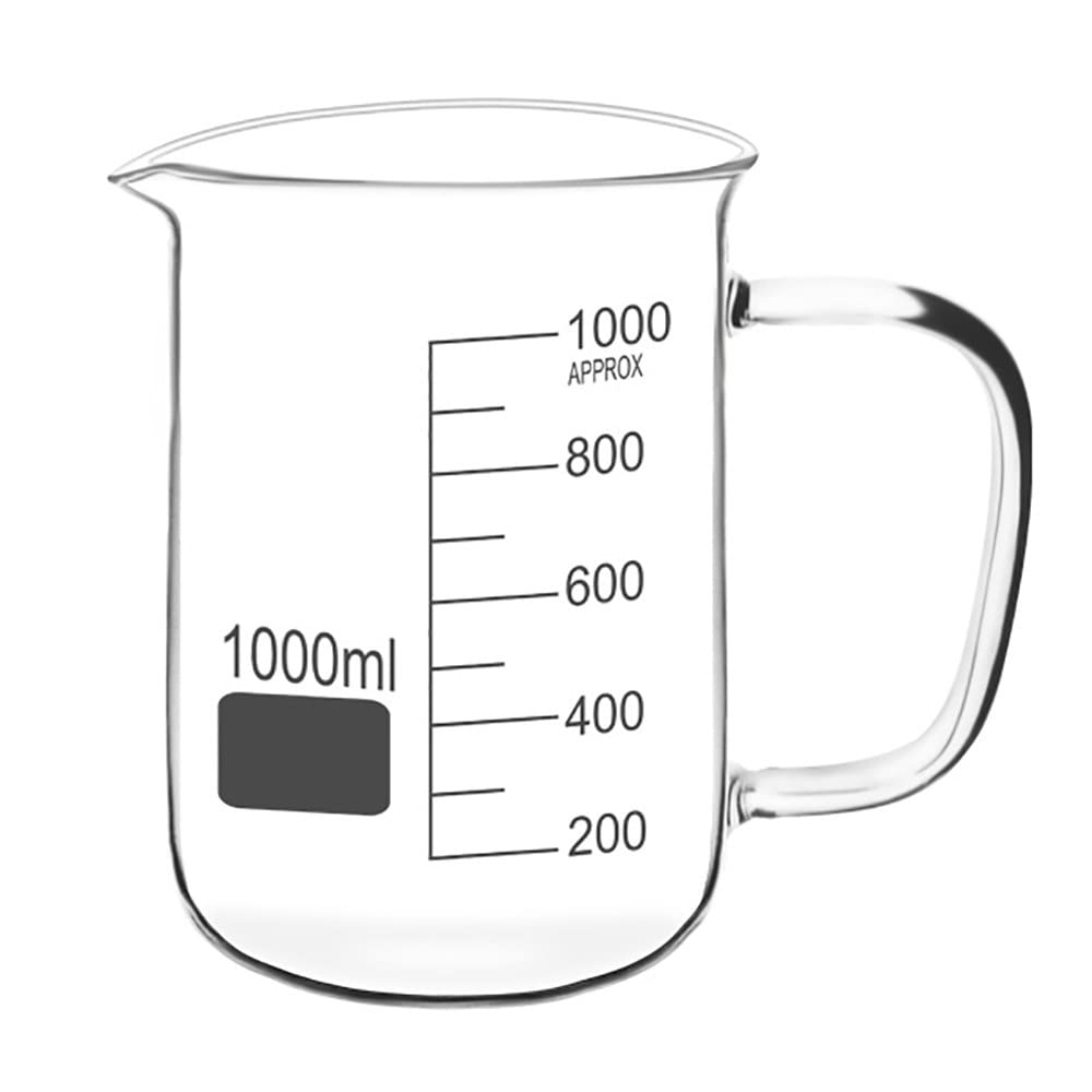 Vasos de precipitados de vidrio de forma baja, (1000ml/33.81oz 2000ml/67.63oz) Vaso de laboratorio de borosilicato con asa, Vaso de medición de vidrio con pico vertedor, para laboratorio/escuela/hog