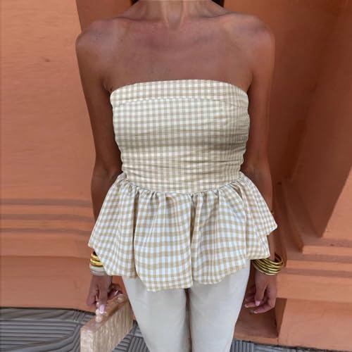 Women Y2k Peplum Tube top Strapless Bubble Bandeau Top Ruffle Hem Flowy Aesthetic Summer Going Out Streetwear3