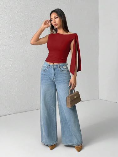 Image of TIVANTE Solid Asymmetrical Shoulder Tie Strap Crop Top for Women