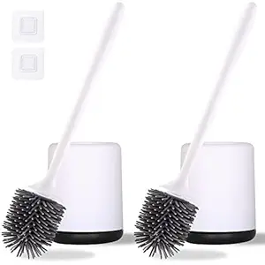 MesRosa 2 Pack Silicone Toilet Brush, Toilet Bowl Brush and Holder with Detachable Base, Toilet Cleaner Brush for Bathroom Deep Cleaning Supplies Floor Standing Holder & Wall Mounted Without Drilling