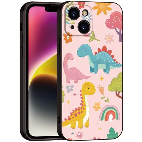 for iPhone 14 Case Dinosaur Cartoon Cute Pink Phone Case - 3 Colorful Dinosaurs with Flowers & Rainbow Design, Playful & Stylish Protective Cover for Girls & Women (B1-Cartoon Cute Dinosaurs)