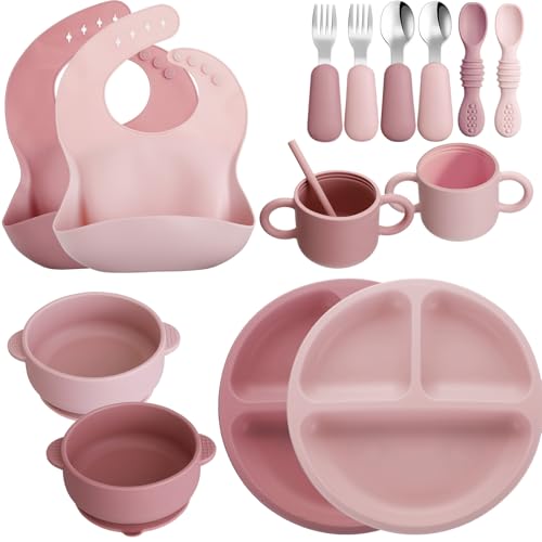 Image of 16 Pcs Baby Led Weaning Supplies Silicone Baby Feeding Set Plates with Suction Utensils with Divided Adjustable Bib Bowl Cutlery Snack Cup Spoons Straw 6 Months+(Dark Pink, Dusty Pink)