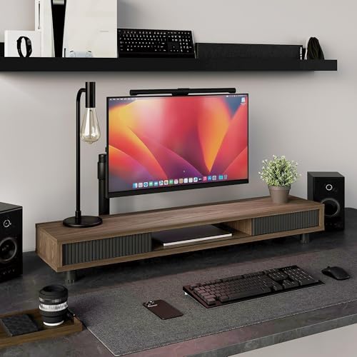 Image of Fenge Dual Monitor Stand, 42.5inch Long Monitor Stands Riser for 2 Monitors, Glass Sliding Door with Storage Organizer Stand for Desk, 2 Tier Desk Shelf for Laptop, Pc, Printer, Computer, TV