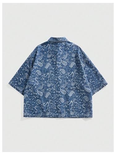 Men's Paisley Denim Jackets Button Down Short Sleeve Chest Pocket Baggy Jean Shirts3