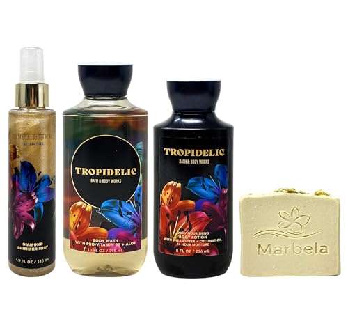 Bath & Body Works Tropidelic Trio Gift Set - Shimmer Mist Body Wash and Body Lotion - with a Wild Jasmine Bar Soap - Full Size