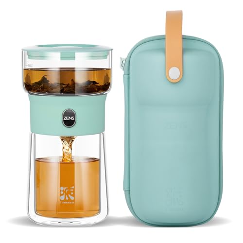 Image of ZENS Modern Glass infuser Teapot, Small One Touch Tea Maker for Loose Tea Diffusers with 200ml Insulated Cup and Blue Portable Carry Case, Magic Gongfu Tea Pot for Tea Lovers Gifts