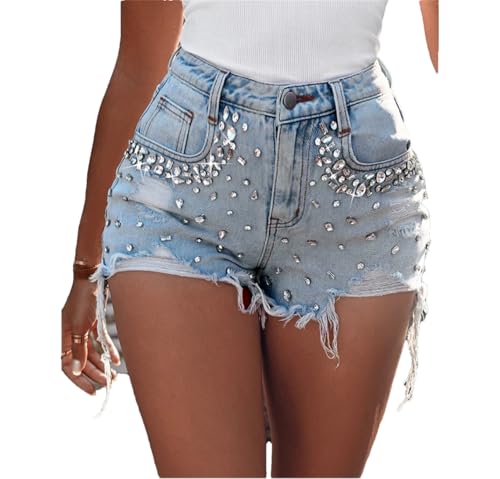 Short en jean déchiré femme strass denim taille M été tendance