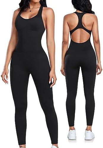 OLCHEE Womens Workout Jumpsuits Seamless Yoga Gym Bodycon Rompers Sexy Racerback Tummy Control Padded Bra Unitard - Black Small