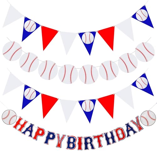 Image of Baseball Party Decorations 4 Pcs Baseball Birthday Banners Sport Happy Birthday Banner with Pennant Bunting Flag Decor for Party