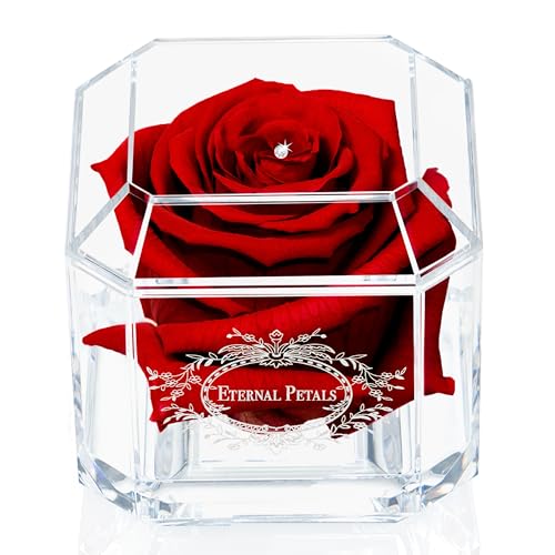 A 100% Real Rose That Lasts Years - Eternal Petals Handmade in UK Flowers Delivery Next Day Prime White Gold Solo with A Clear Crystal (Deep Red)