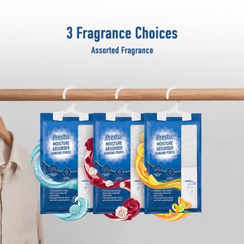Image of Amazon Brand - Presto! Moisture Absorber Hanging Bag (220g) | Scented | Ocean Breeze, Rose, Citrus | Pack of 3