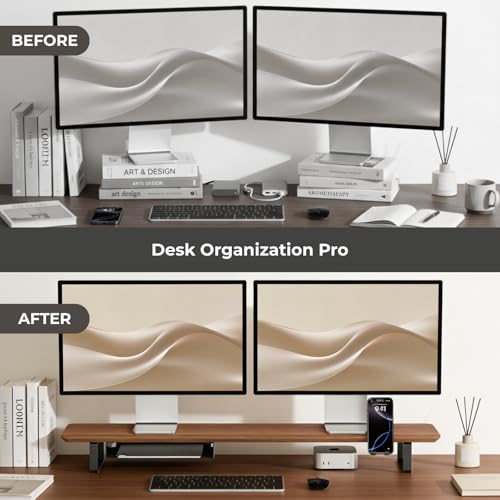 Image of muso wood Dual Monitor Stand with Storage Shelf, 45 Inch Wooden Monitor Riser for 2 Monitors, Walnut Desk Shelf for Computer, Laptop, Screen, TV, Printer