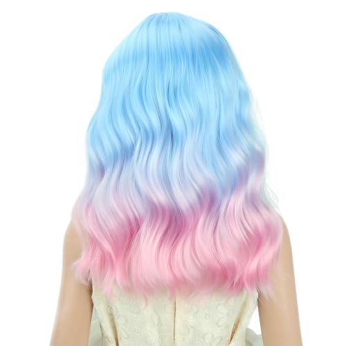 Image of PATTNIUM Blue Ombre Pink Short Curly Wavy Wigs for Kids Girls Side Part Shoulder Length Heat Resistant Synthetic Wig Halloween Cosplay Costume Party Wigs