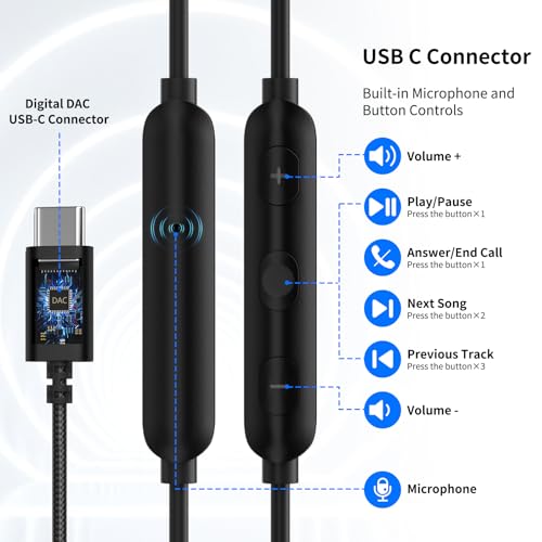 Image of ACANDYA USB C Headphones with Mic in-Ear Wired Earbuds for Work Calls Black | Noise Isolating USB C Headphone Wired Earbuds for Commute Travel Earphones with Microphone Portable for Subway Bus Plane