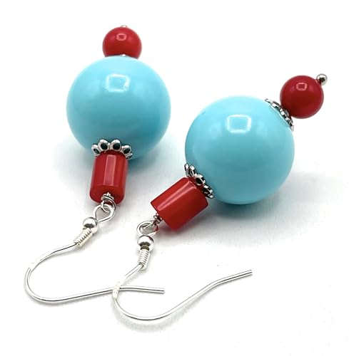 Boucles d'oreilles turquoises et corail en argent 925 fait en Italie