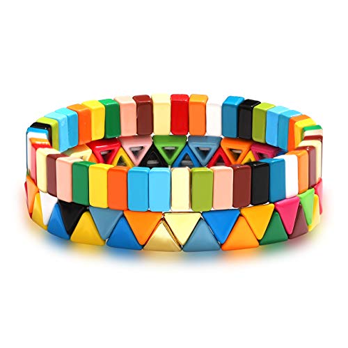 SHAMARTE Rainbow Enamel Tile Stretch Bracelet Colorful Mosaic Brick Beaded Strand Bangle Bracelet