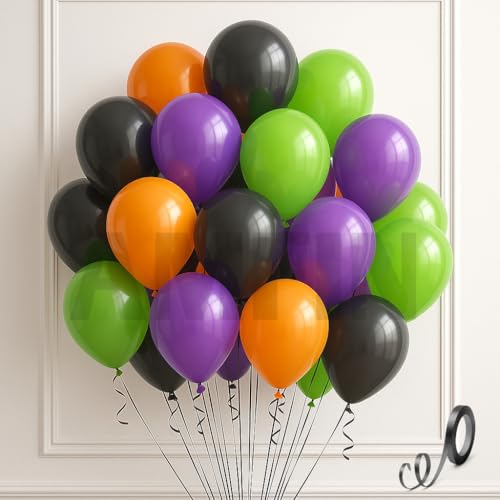 Image of AMFIN (Pack of 25) Halloween Party Balloons | Orange, Black, Purple & Green Latex Balloons | Party Decorations for Birthday, Halloween, Events & Celebrations