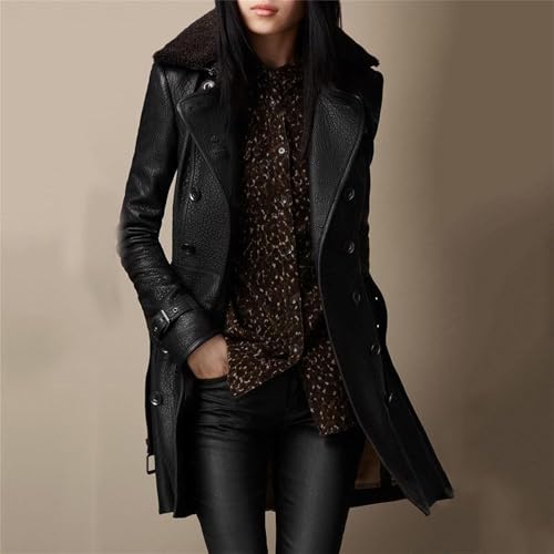 JEKE-DG Women's Faux Leather Slim Fit Winter Coat Mid-Length Belted Casual Coat Jacket Button Down Lapel Biker Coats3