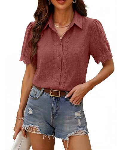 Image of siliteelon Womens Summer Button Down Lace Blouses Lapel Trim Dress Casual Shirts 2026 Fashion Business Short Sleeve Tops