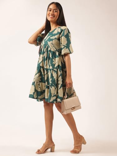 Image of Vbuyz Women's Floral Print Flared Cotton Beige Stitched Dress