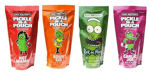 Van Holtens Pickle in a Pouch 4 Variety Pack | Hot Mama Sour Sys Garlic Joe Morty Rick| American Pickles
