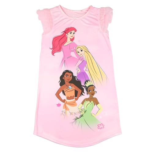 Disney Princess Nightgown Girls' Princess Ariel, Rapunzel, Moana, Tiana Ruffle Sleeve Sleepwear3