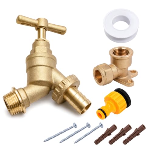 Pipestation Outdoor Brass Tap Kit with Wall Plate Hose Connector PTFE Tape & Fixings | WRAS Approved Outside Garden Tap Fitting Kit | Simple DIY Installation
