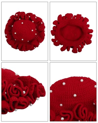 Image of Women Crochet Bucket Hat Cute Winter Ruffled Brim Floppy Cap Handmade Knit Cloche Hats
