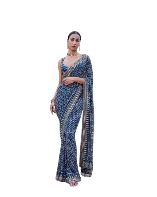 Dark Blue Printed Saree with Golden Border, Floral Motif, Hand Khatali Work With Real Mirror & Piping With Fancy Printed Blouse-image-26
