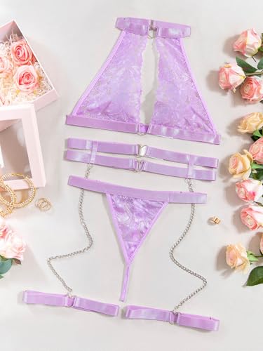 Image of Foxiny Sexy Halter Heart Ring Cutout Chain Floral Lace Sheer Garter Belt Lingerie Set 3 Piece