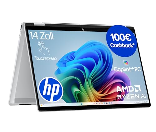 HP OmniBook X Flip 2in1 Next Gen AI Laptop | AMD Ryzen AI 7 350 (8C) | dedizierte NPU für KI | 50 NPU Tops | Copilot+ PC | 14' WUXGA 1920x1200 Touchscreen | 16GB | 512GB SSD | Win11 | QWERTZ | Silber