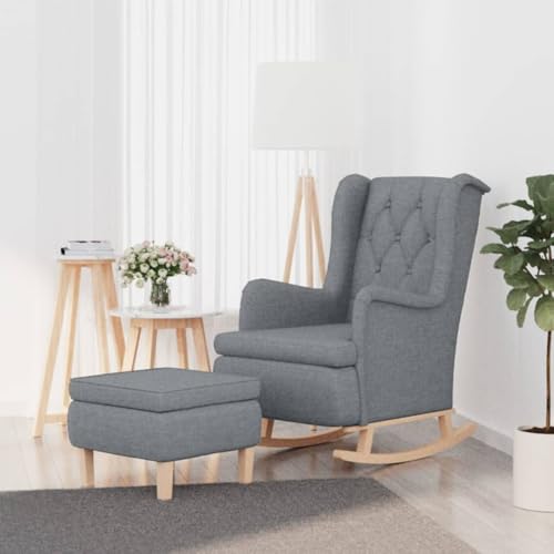 Teenpull Sillón mecedora con taburete, color gris claro, funda de tela, estructura de madera maciza, sillón de relax para salón, dormitorio, cómodo sillón de lectura, 65 x 91 x 100 cm