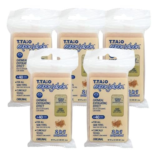 T.Taio – EsponJabón Avena – Unisex – Pack 5 uds – Efecto Reparador Intensivo – Esponja + Jabón 2 en 1 para Limpieza Profunda – Nutre, Calma y Protege la Piel Sensible o Seca – 600g