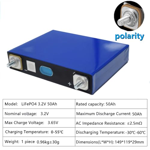 Image of LiFePO4 Cell 3.2V 50Ah Grade A Deep Cycle Battery Lithium Iron Phosphate Rechargeable Battery Max.Continous Discharge 50A /1C,Included M6 Nuts and Bus Bars