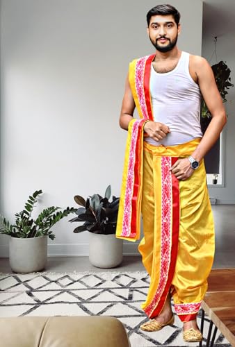 Image of Men's Ethnic | Traditional Ready to wear (Pant System) Readymade Panchakacham Dhoti With Angavastram(Towel) Set, Tassar Silk, Free Size (GC002)