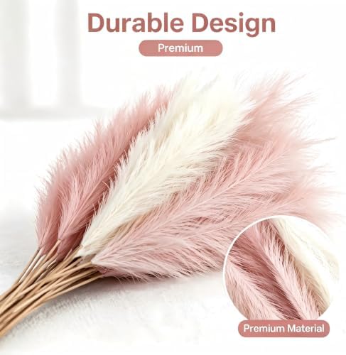 QGG 60 PCS 21.7 Inch Ultra Fluffy Faux Pampas Grass, No Shedding Artificial Dried Grass, Boho Home Bedroom Wedding Vase Filler Floral Arrangement Decor(Blush & Cream & Pink) - 2