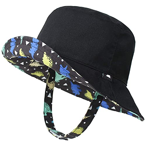 Lapi.zapi Baby Sun Hat Print Pattern Reversible Kids Boy Girls Hat Upf 50+ Sun Protection Beach Bucket Hat Wide Brim (0-6 Months, Black Dinosaur) #TOP6