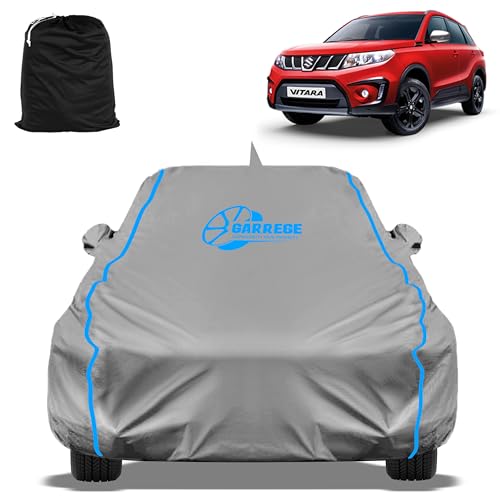Image of Waterproof Car Body Cover Compatible with Maruti Brezza Zdi Plus Amt Dual Tone Mirror and Antenna Pocket, Triple Stitched (Heat Resistant US Grey with Red Piping)