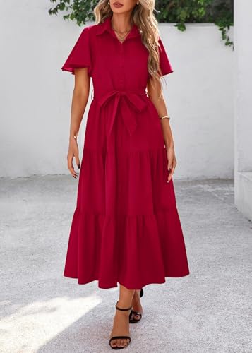 KIRUNDO Summer Button Down Wedding Guest Shirt Dresses for Women Maxi Flutter Short Sleeve Flowy Tiered Beach Sun Dress(Wine Red, Small) — view 4