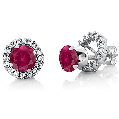 Gem Stone King 2.00 Ct Round 6mm Red Created Ruby 925 Sterling Silver Removable Jacket Stud Earrings