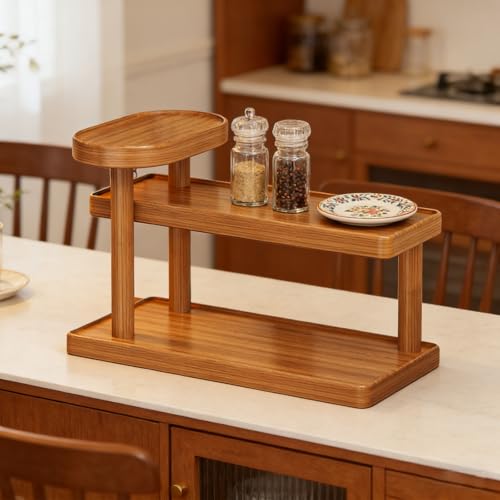 HSYTEK Holz Schreibtischregal Organizer, Tassenregal, 3-Stufiger Kaffeetassenregal, Aufbewahrungsregal für Tee, Kaffee, Bar, Zubehör, Matcha Regal, Tassen-Display, Kosmetik, Gewürz 40x23.5x15 cm