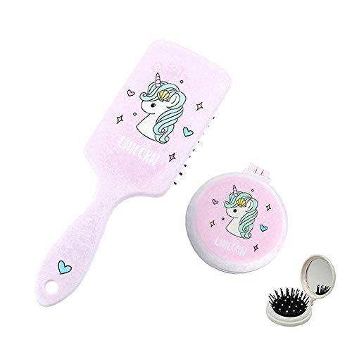 Unicorn Hair Brush, Fold Hairbrush With Makeup Mirror 2 Pcs Ideal Birthday & Christmas Gift Set Portable For Girls Kids Women Travel Home School Use #TOP5