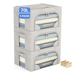 3 Packs Storage Boxes for Clothes Collapsible Storage Bins with Cedar Wood Piece, Linen with Metal Supports and Durable Handles Metal Storage box,Clear Window with Zippers (Light Grey,70L)